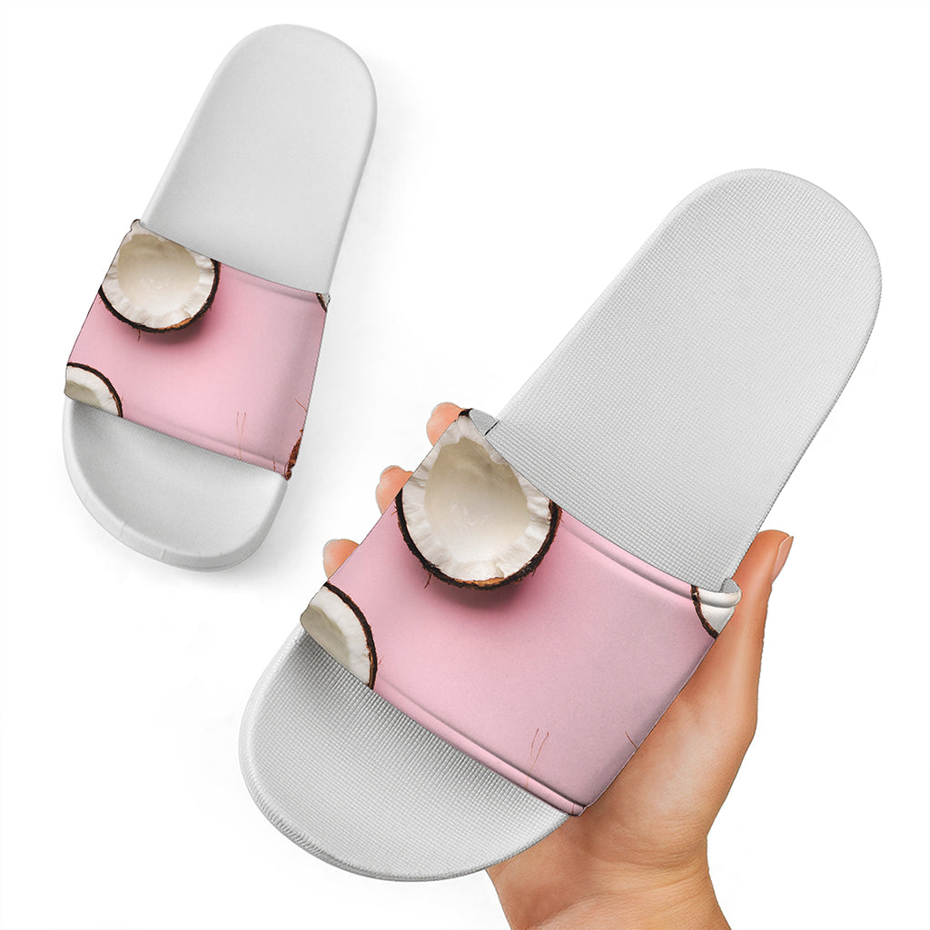 Pink Coconut Pattern Print White Slide Sandals