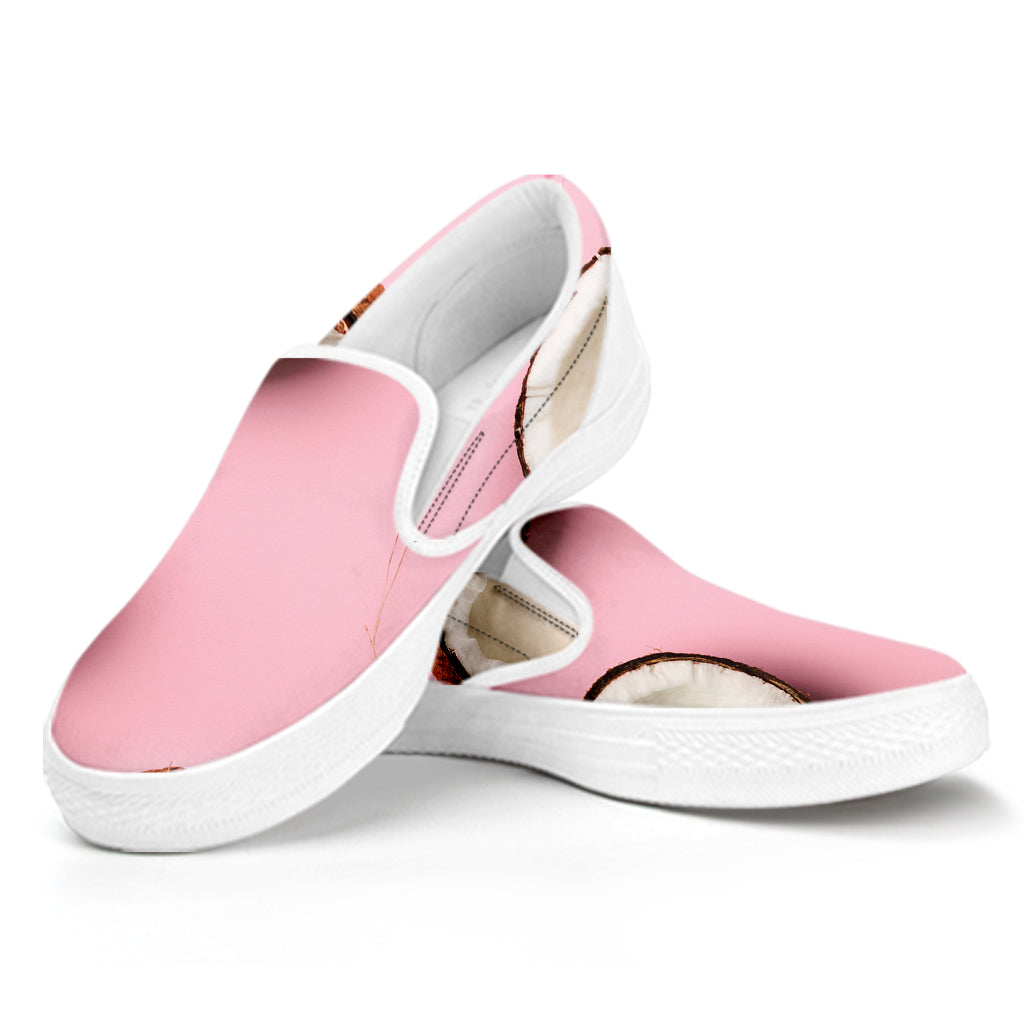 Pink Coconut Pattern Print White Slip On Shoes