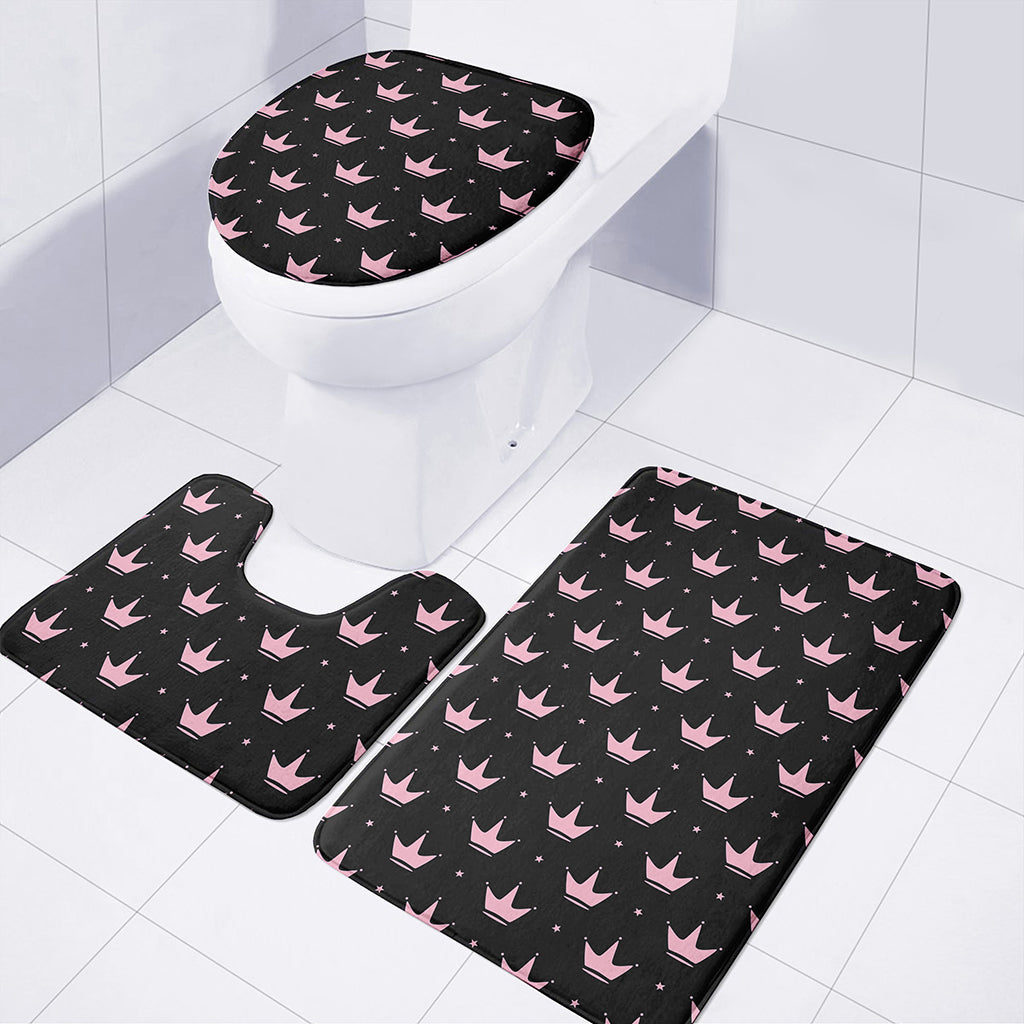 Pink Crown Pattern Print 3 Piece Bath Mat Set