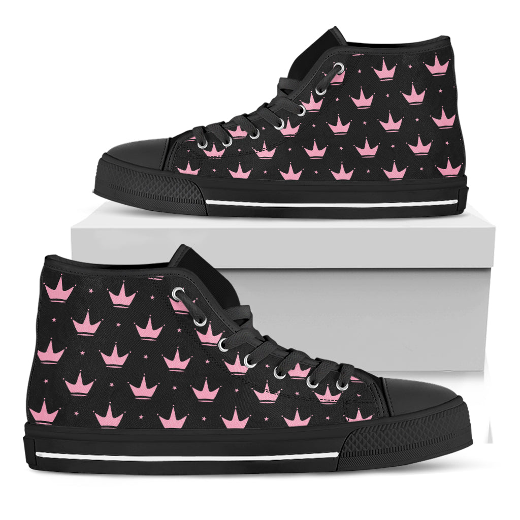Pink Crown Pattern Print Black High Top Shoes