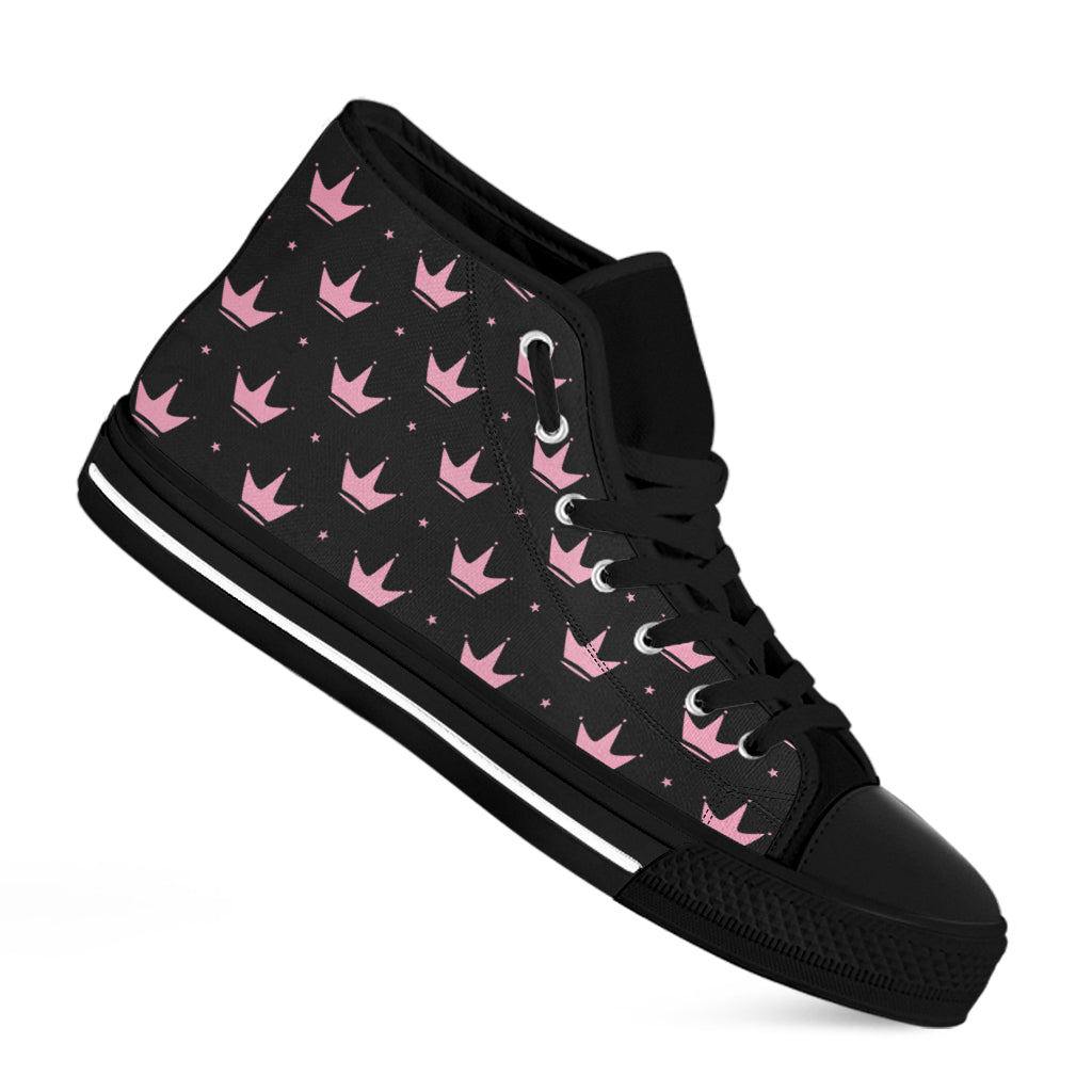 Pink Crown Pattern Print Black High Top Shoes