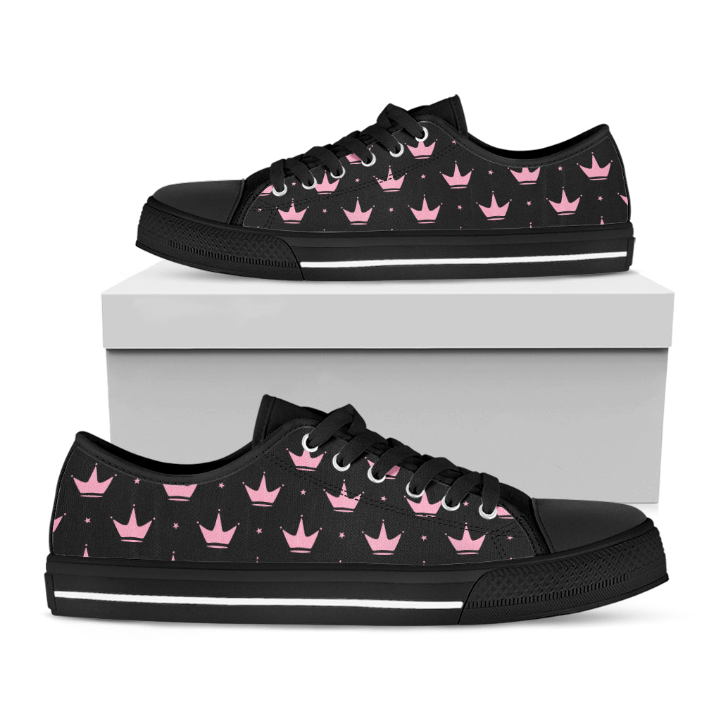 Pink Crown Pattern Print Black Low Top Shoes