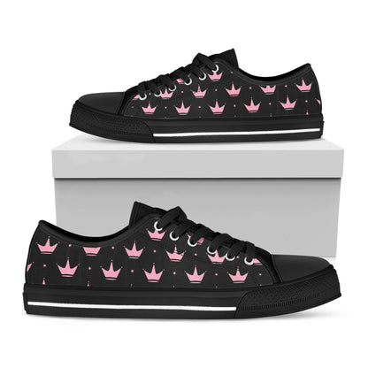 Pink Crown Pattern Print Black Low Top Shoes
