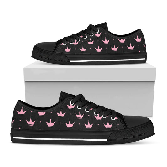 Pink Crown Pattern Print Black Low Top Shoes