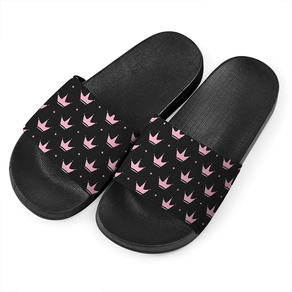Pink Crown Pattern Print Black Slide Sandals
