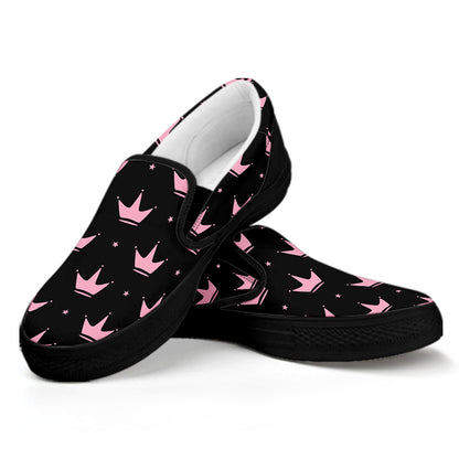 Pink Crown Pattern Print Black Slip On Shoes