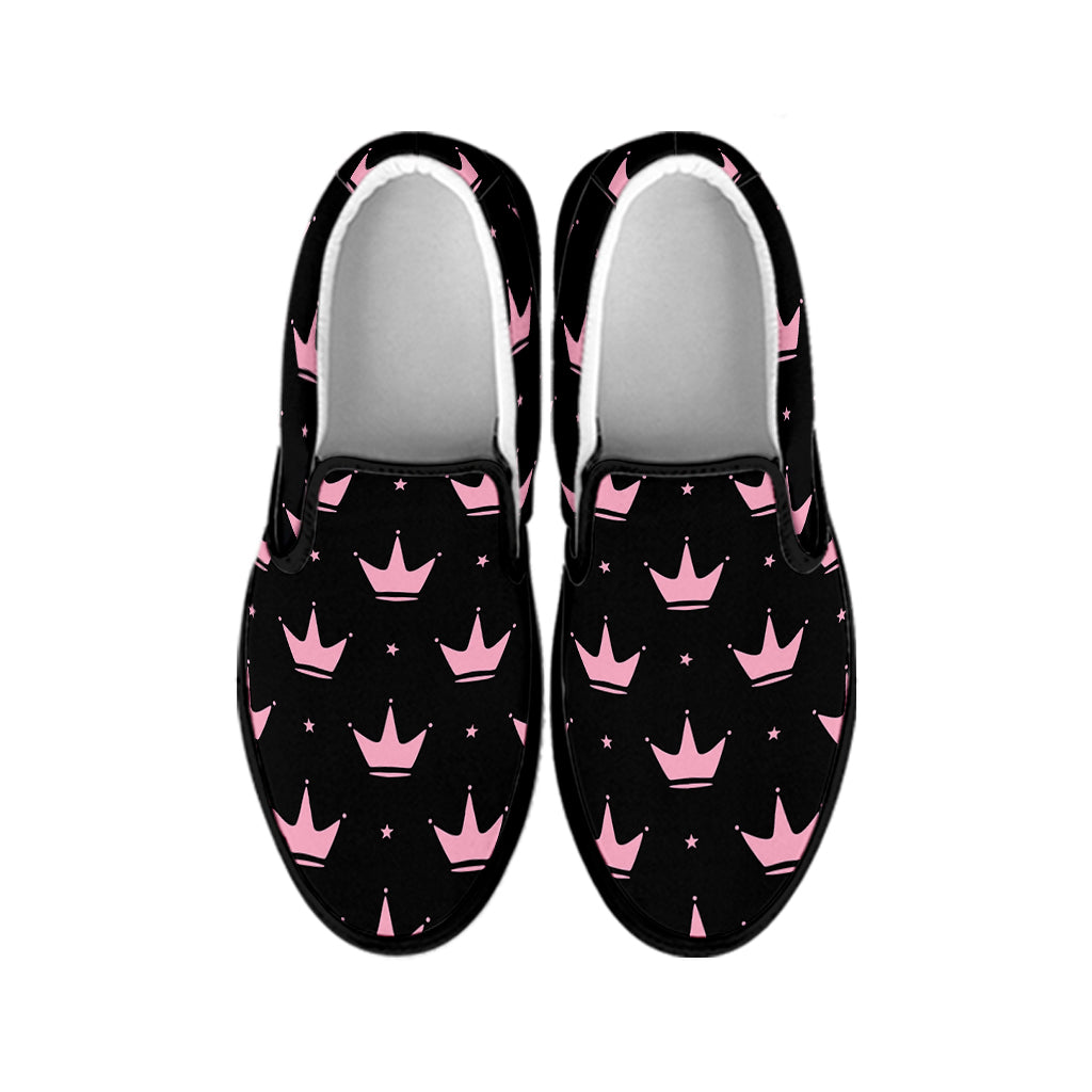 Pink Crown Pattern Print Black Slip On Shoes