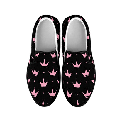 Pink Crown Pattern Print Black Slip On Shoes