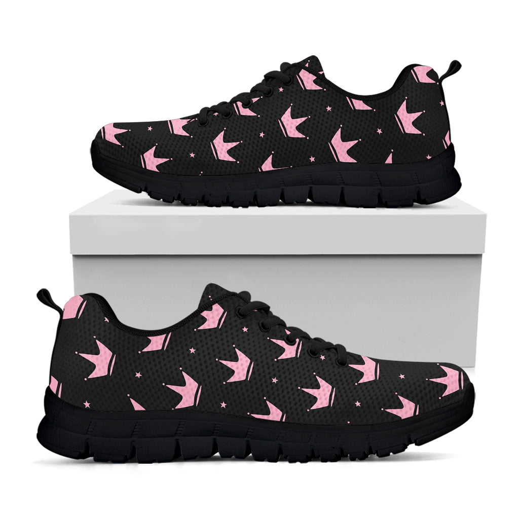 Pink Crown Pattern Print Black Sneakers