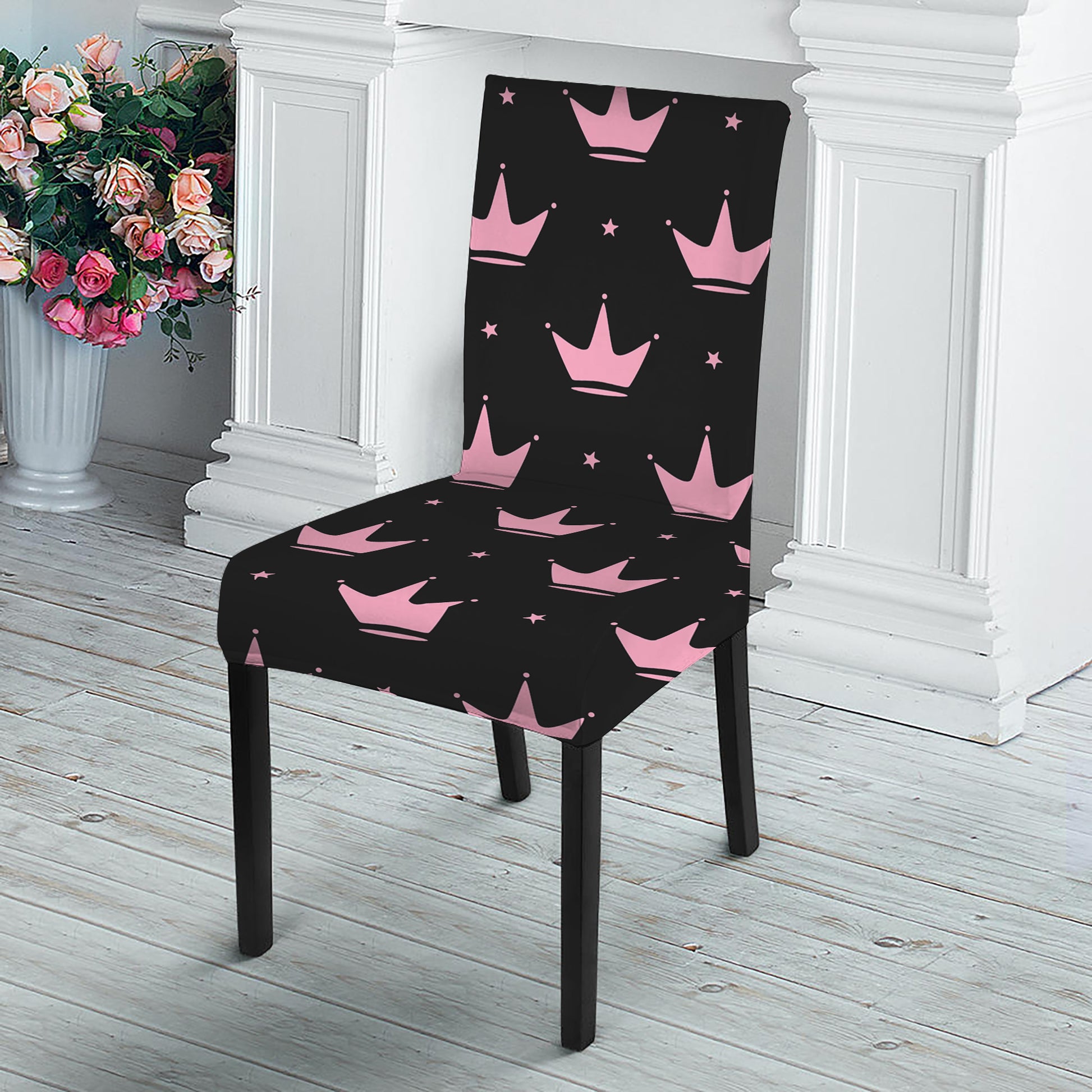Pink Crown Pattern Print Dining Chair Slipcover