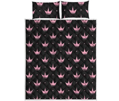 Pink Crown Pattern Print Quilt Bed Set