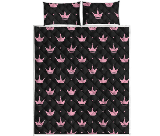 Pink Crown Pattern Print Quilt Bed Set