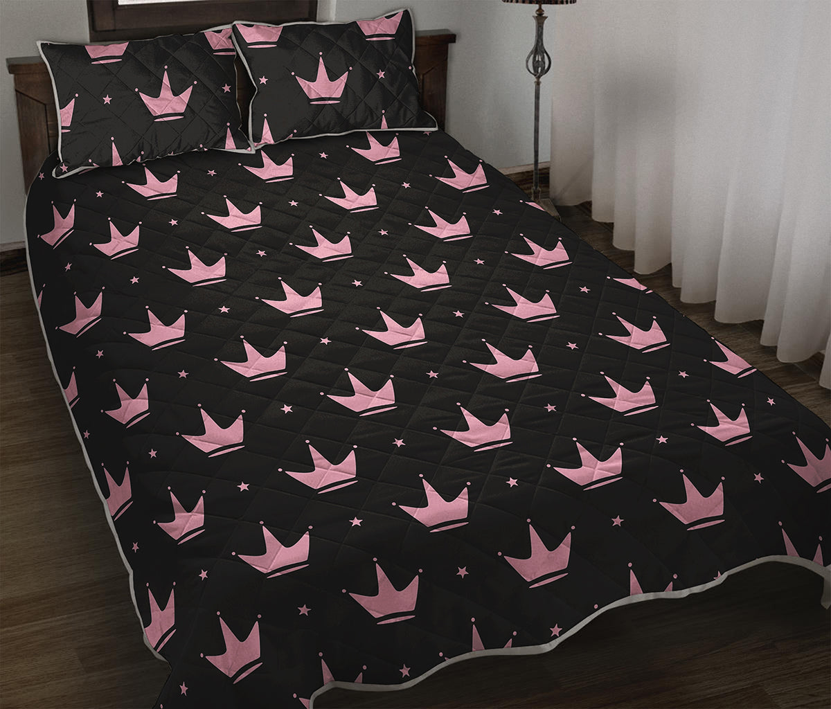 Pink Crown Pattern Print Quilt Bed Set