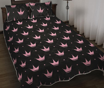 Pink Crown Pattern Print Quilt Bed Set