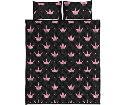 Pink Crown Pattern Print Quilt Bed Set