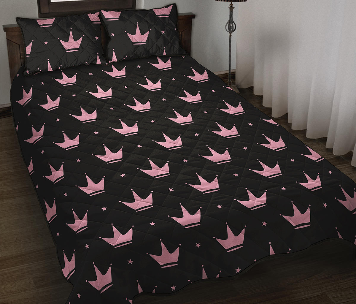 Pink Crown Pattern Print Quilt Bed Set