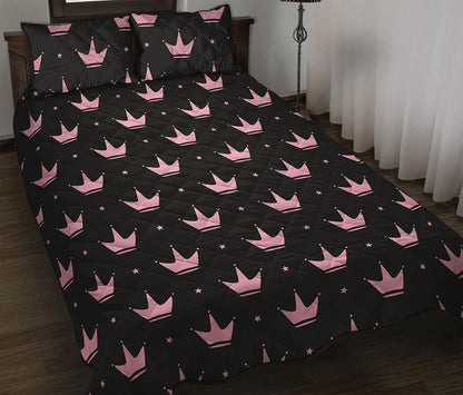 Pink Crown Pattern Print Quilt Bed Set