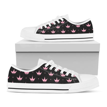 Pink Crown Pattern Print White Low Top Shoes