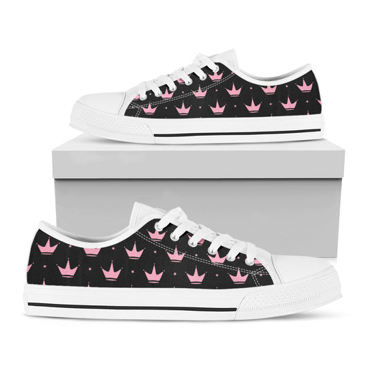 Pink Crown Pattern Print White Low Top Shoes