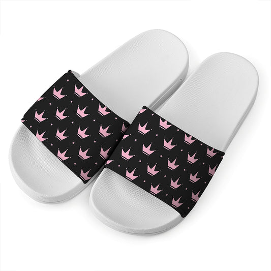 Pink Crown Pattern Print White Slide Sandals