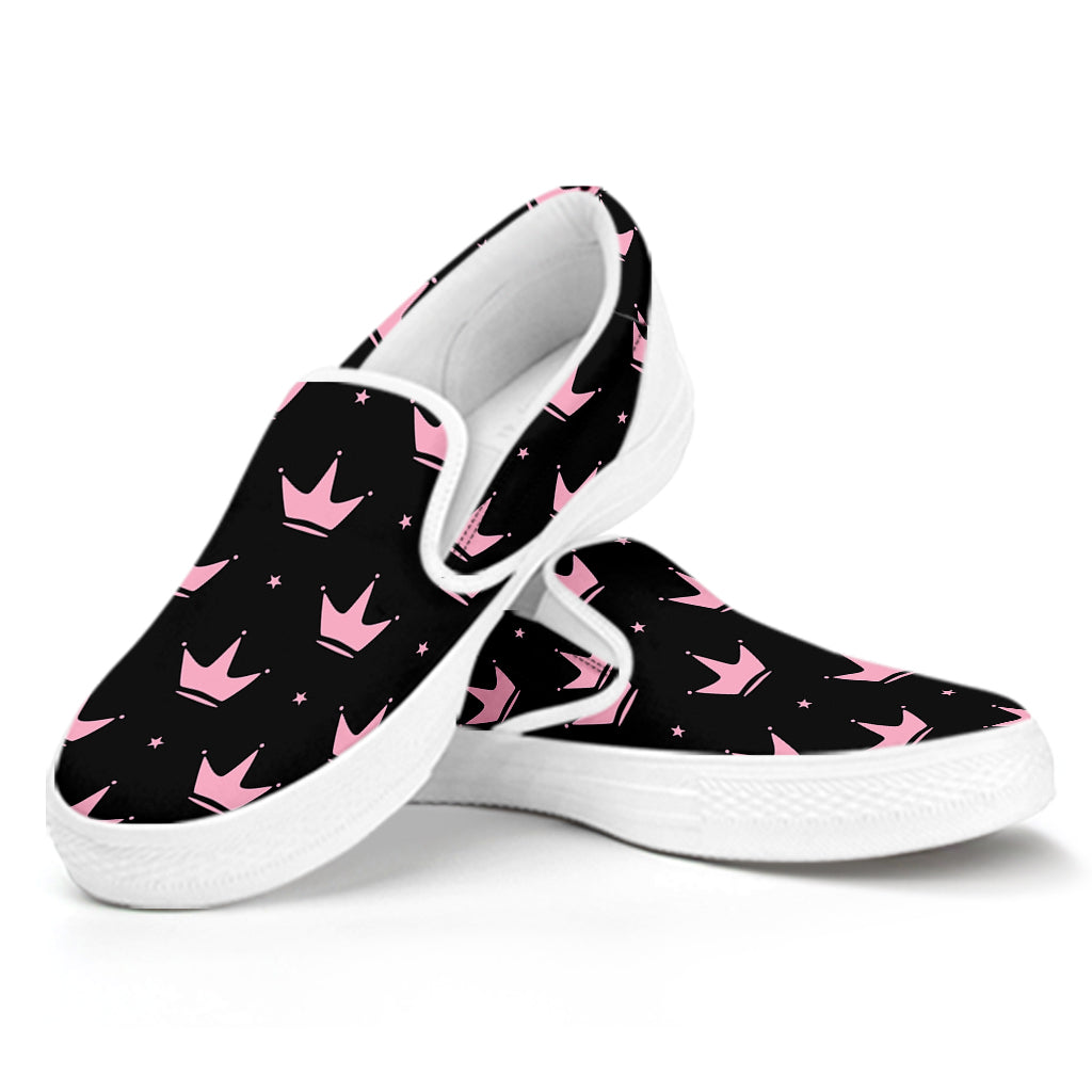 Pink Crown Pattern Print White Slip On Shoes