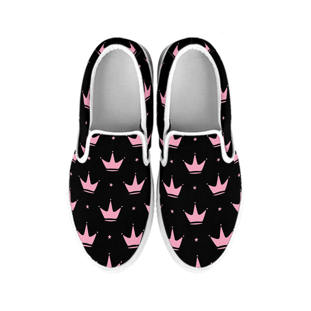 Pink Crown Pattern Print White Slip On Shoes
