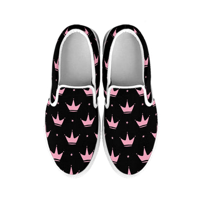 Pink Crown Pattern Print White Slip On Shoes