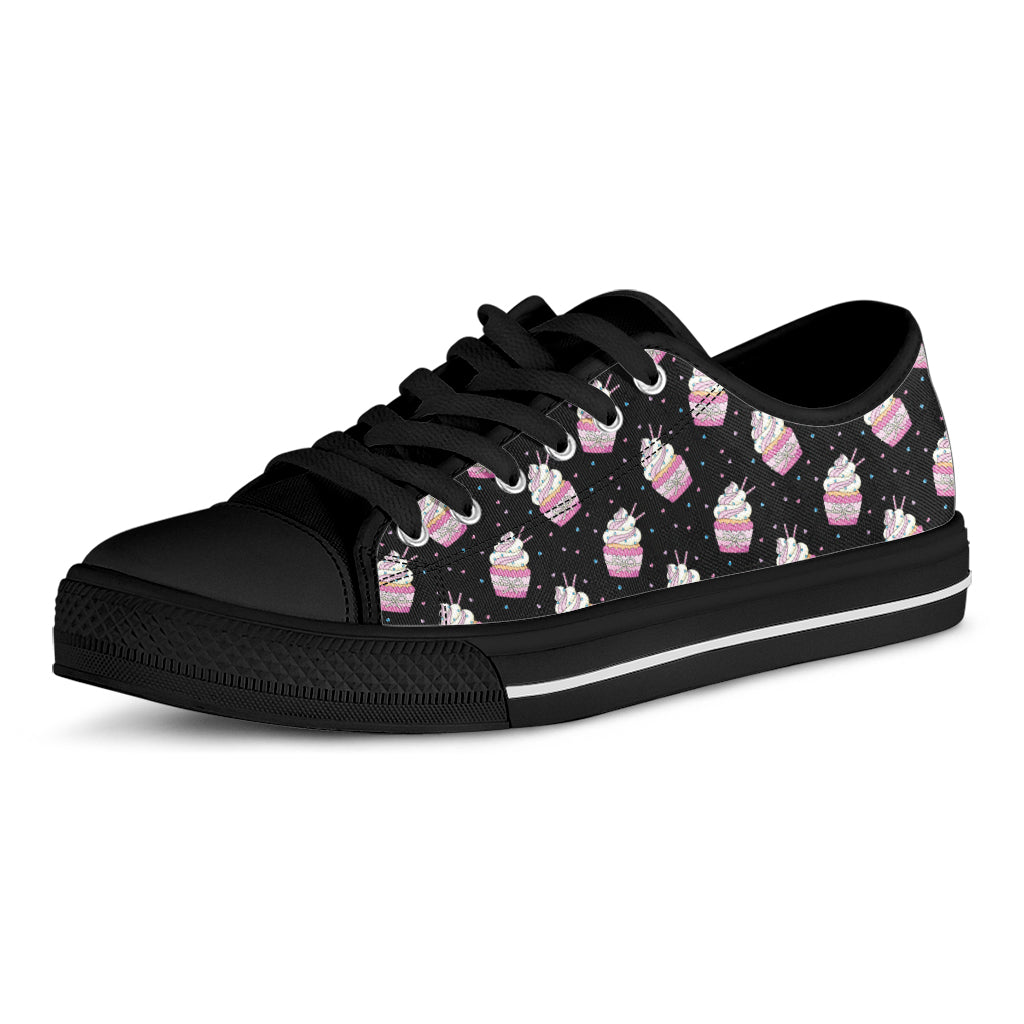 Pink Cupcake Pattern Print Black Low Top Shoes