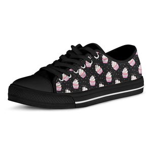 Pink Cupcake Pattern Print Black Low Top Shoes