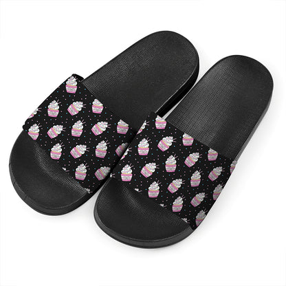 Pink Cupcake Pattern Print Black Slide Sandals