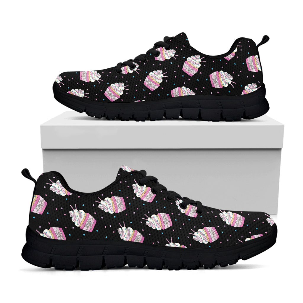 Pink Cupcake Pattern Print Black Sneakers