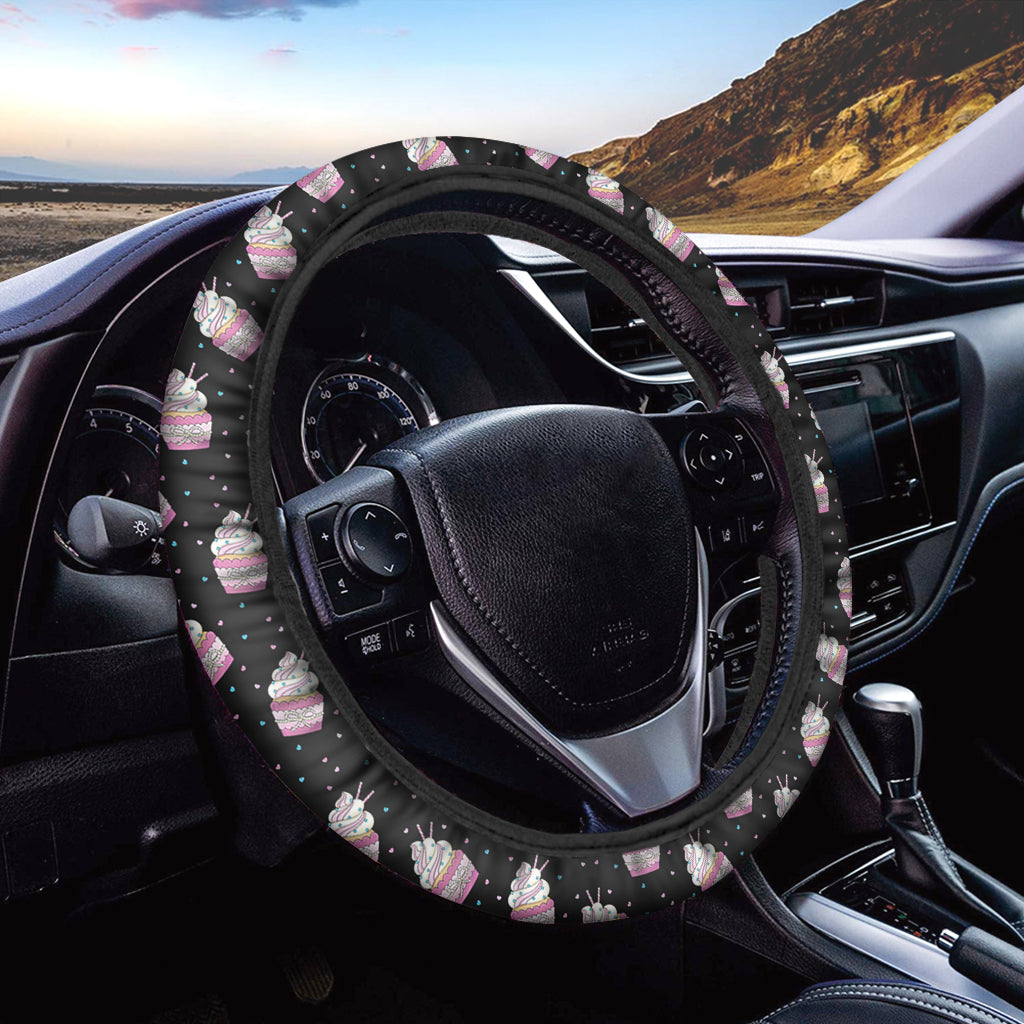 Pink Cupcake Pattern Print Car Steering Wheel Cover