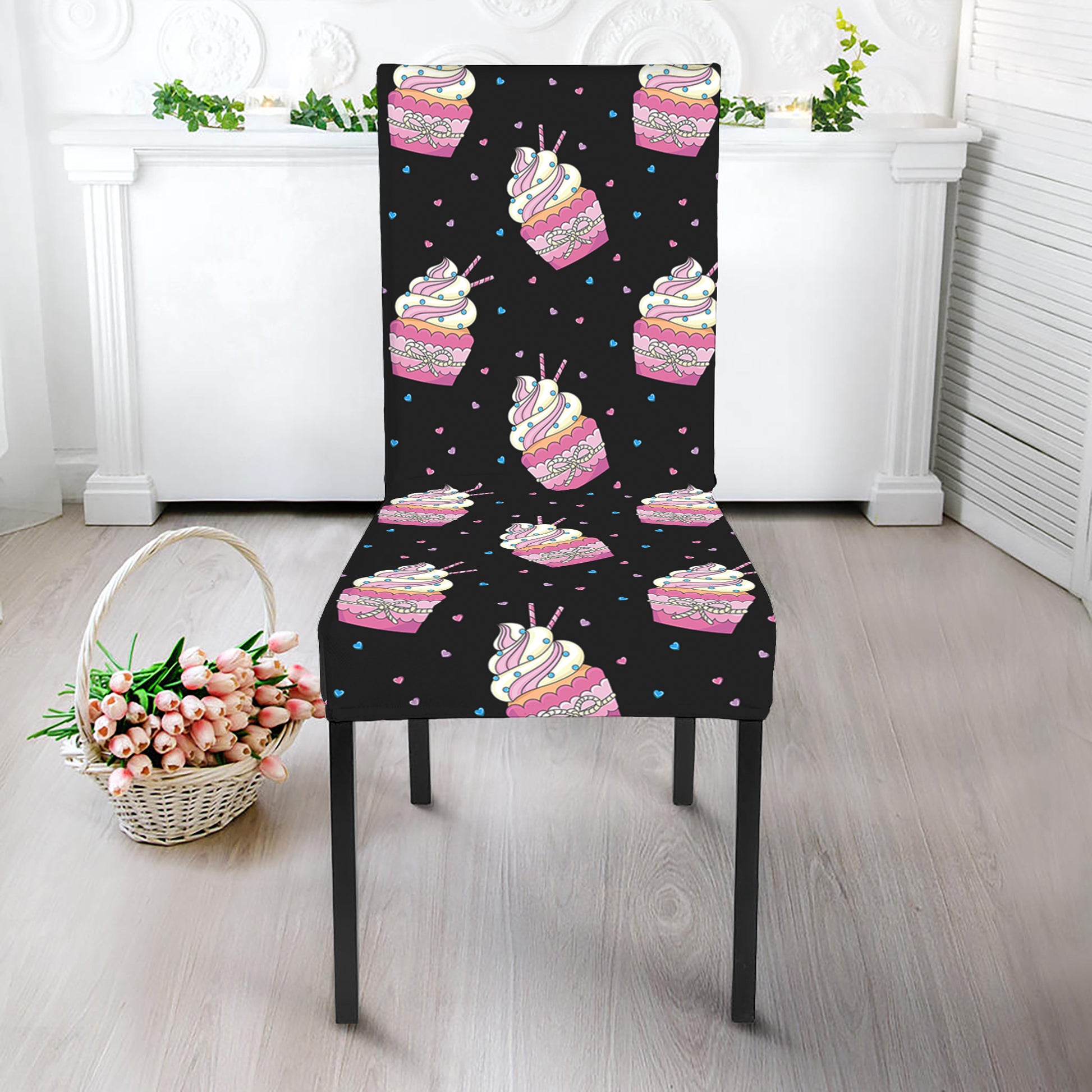 Pink Cupcake Pattern Print Dining Chair Slipcover