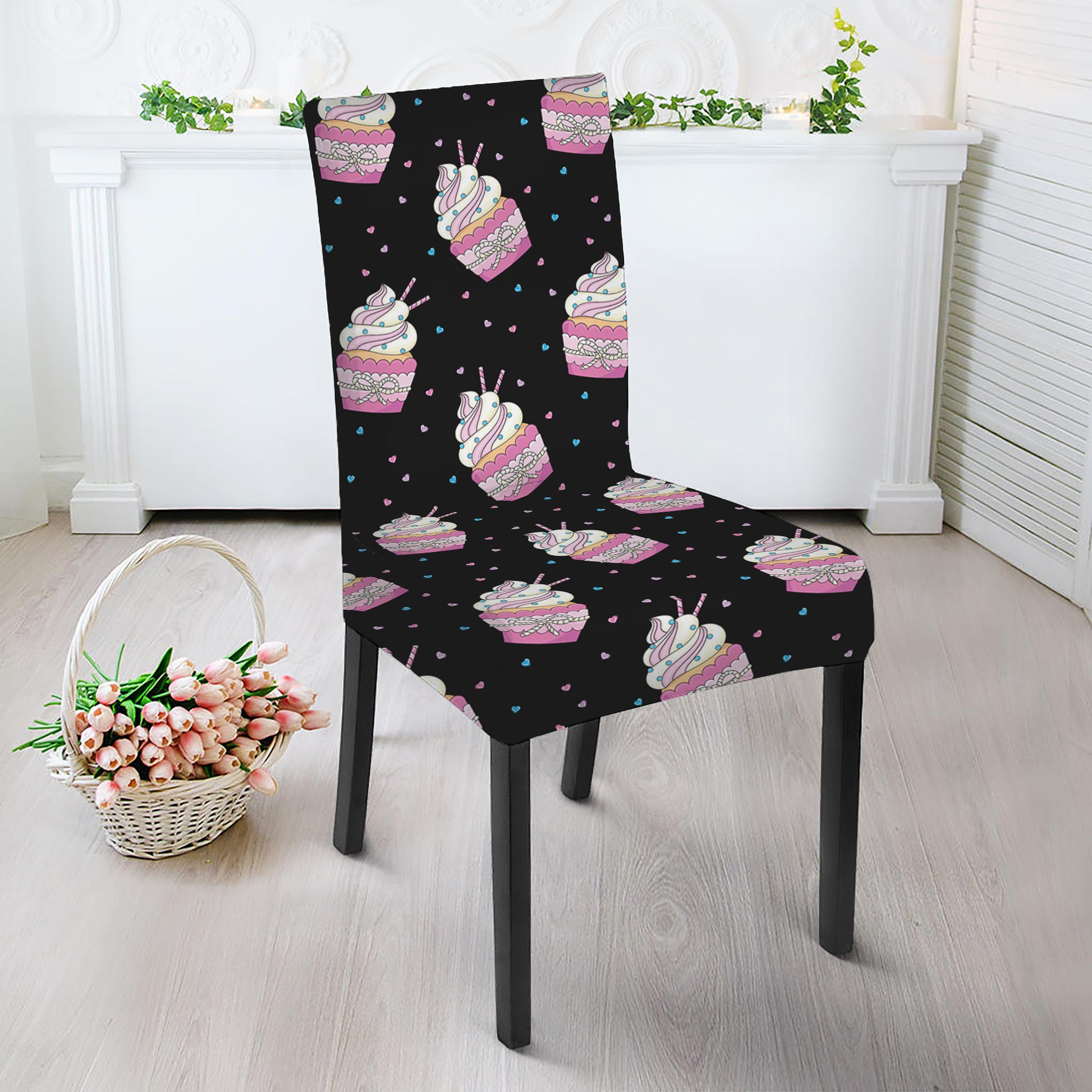 Pink Cupcake Pattern Print Dining Chair Slipcover