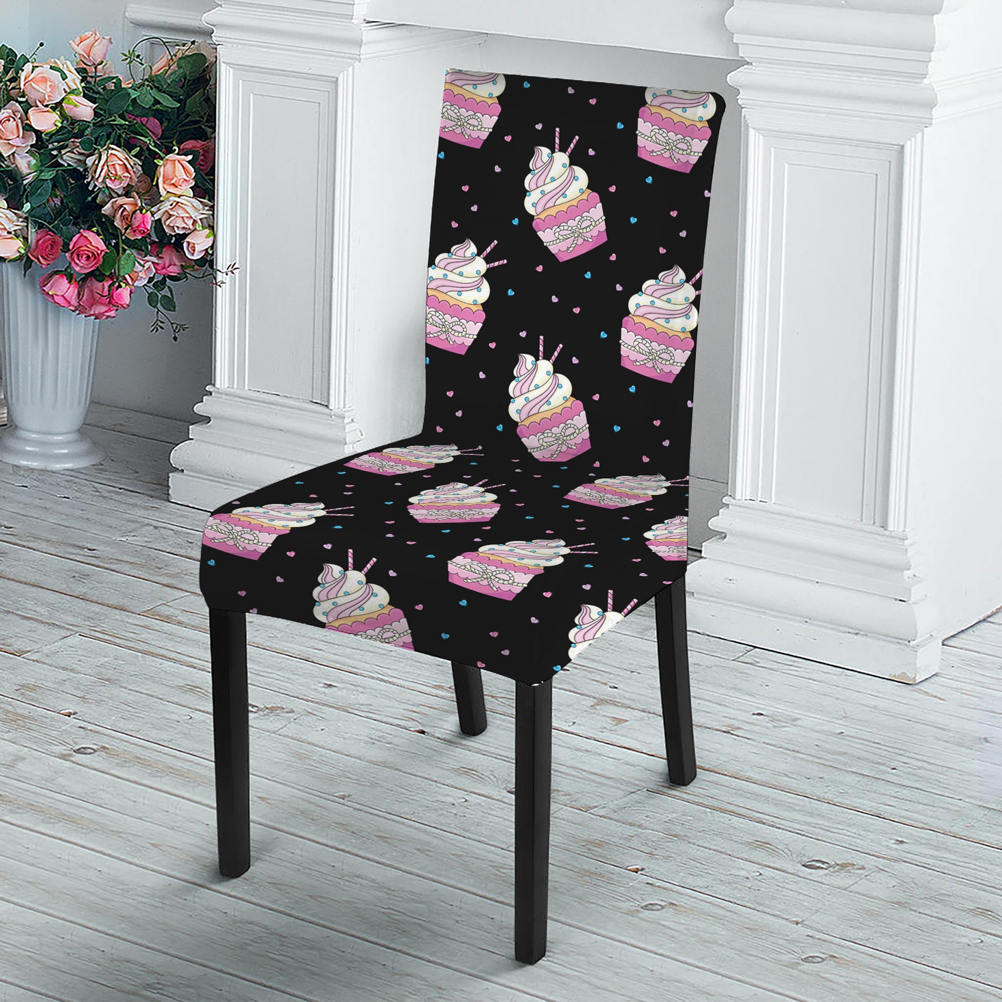 Pink Cupcake Pattern Print Dining Chair Slipcover