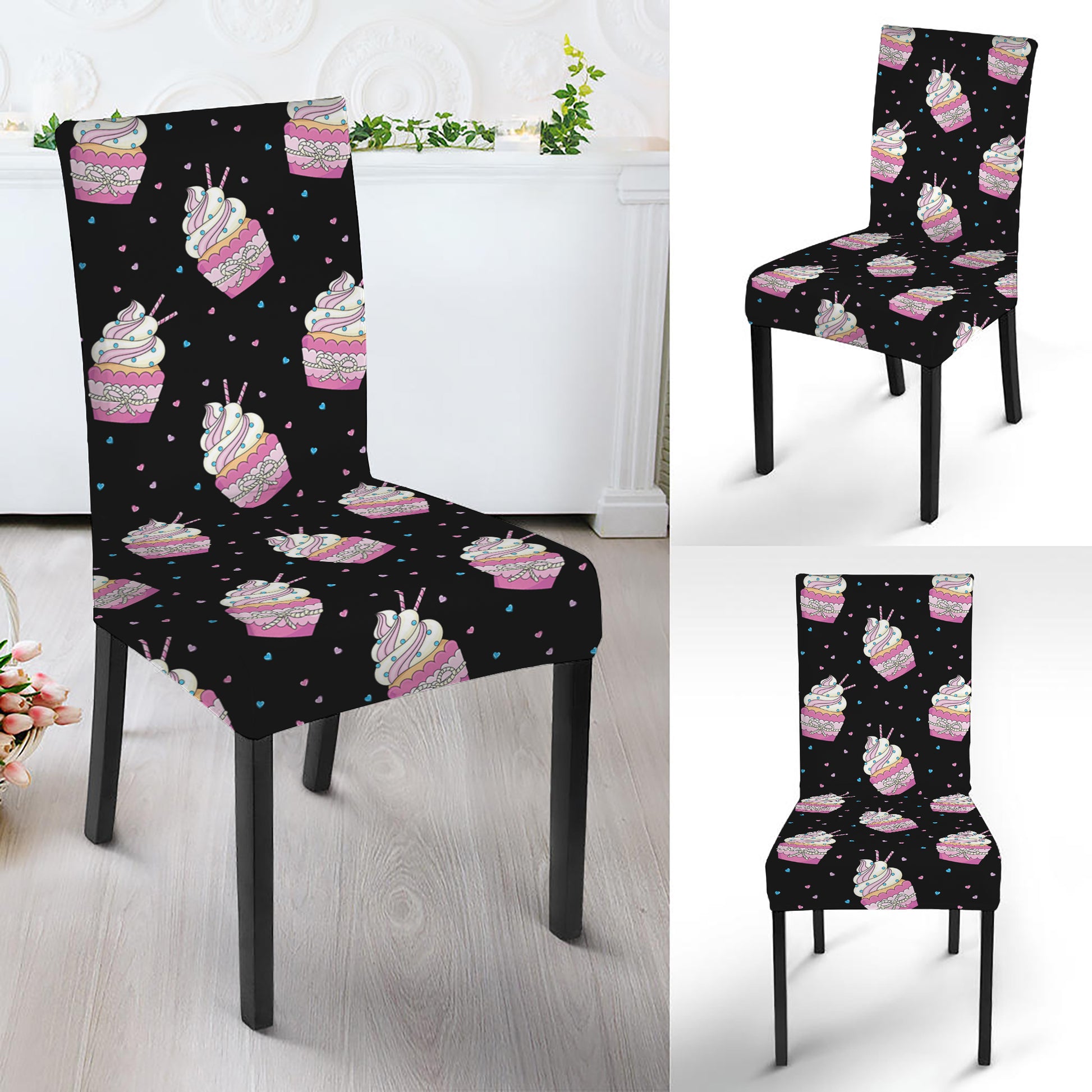 Pink Cupcake Pattern Print Dining Chair Slipcover