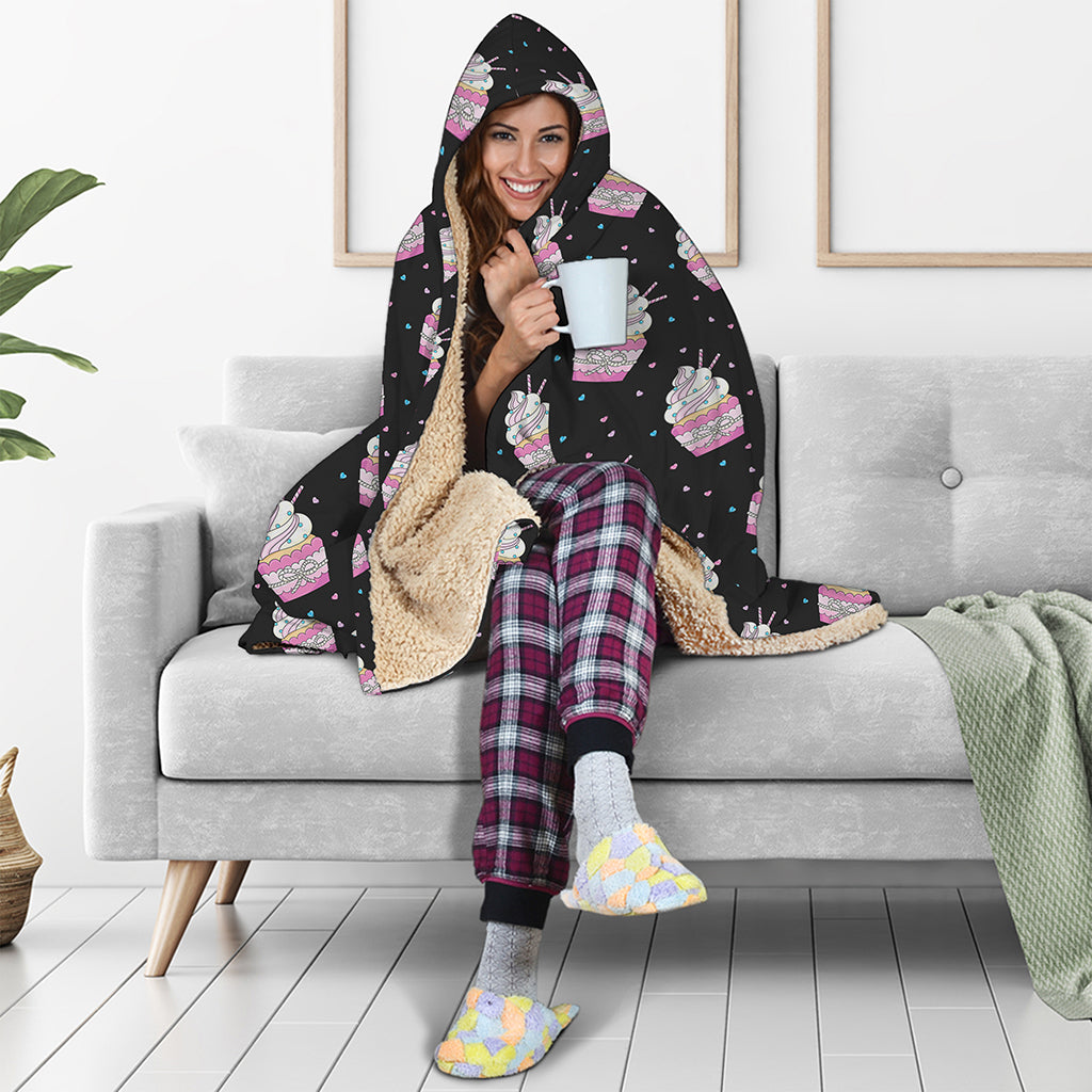 Pink Cupcake Pattern Print Hooded Blanket