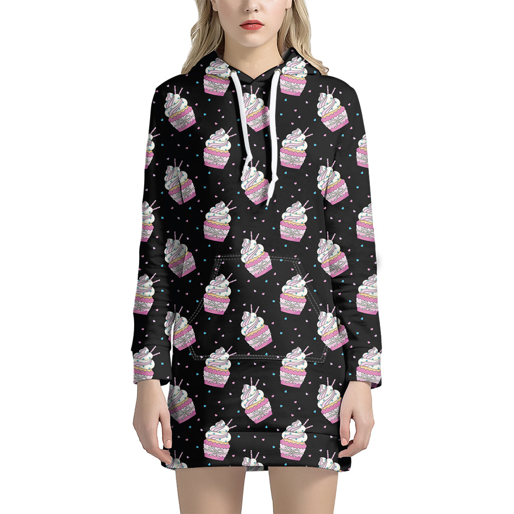 Pink Cupcake Pattern Print Hoodie Dress