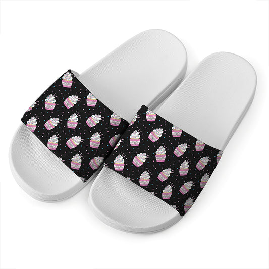 Pink Cupcake Pattern Print White Slide Sandals