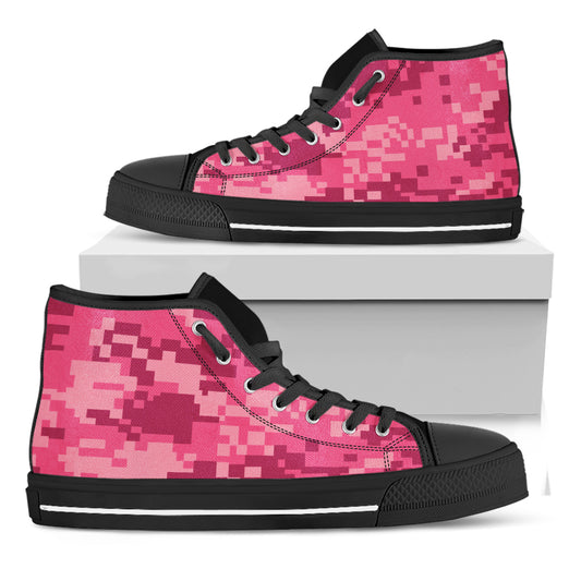 Pink Digital Camo Pattern Print Black High Top Shoes
