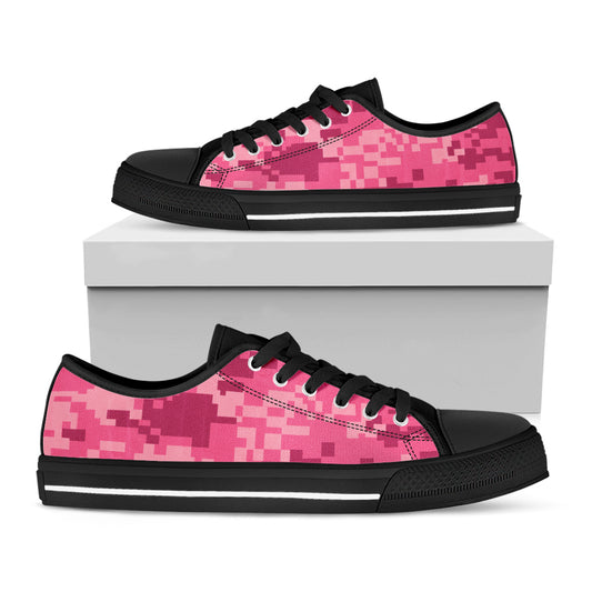 Pink Digital Camo Pattern Print Black Low Top Shoes