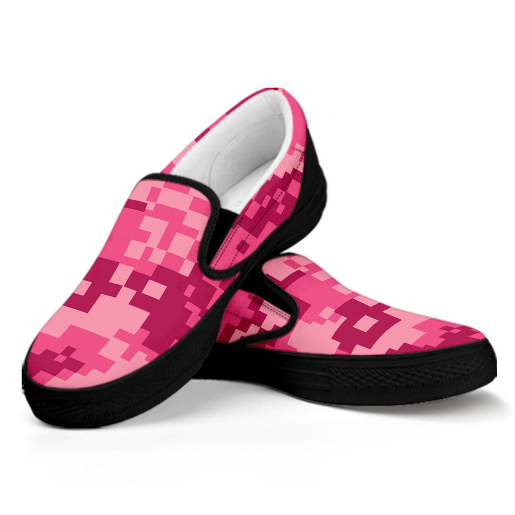 Pink Digital Camo Pattern Print Black Slip On Shoes