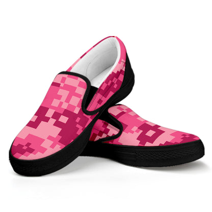 Pink Digital Camo Pattern Print Black Slip On Shoes