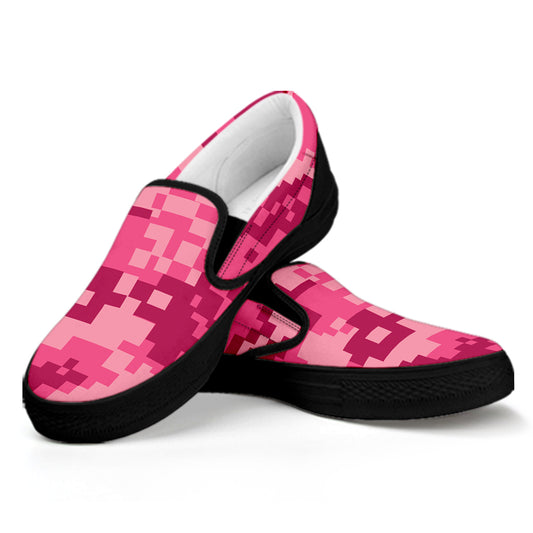 Pink Digital Camo Pattern Print Black Slip On Shoes