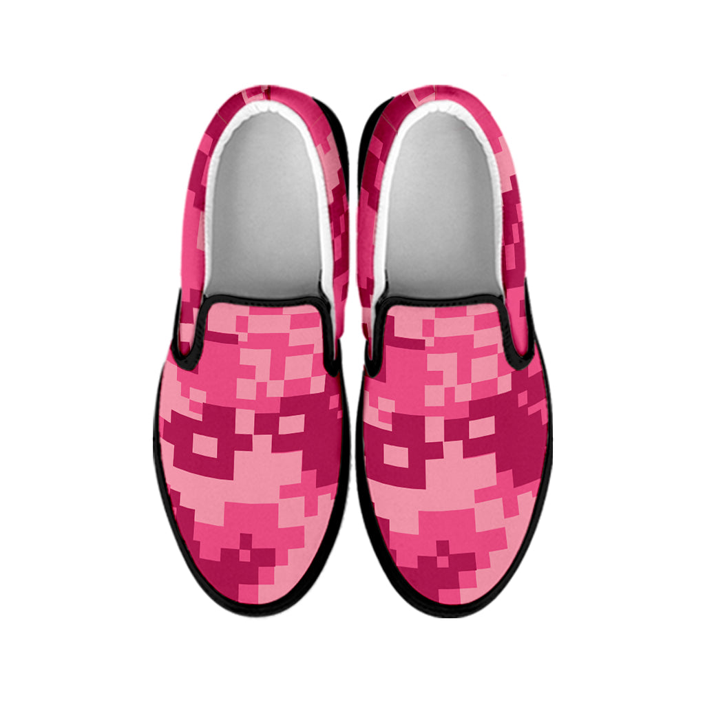 Pink Digital Camo Pattern Print Black Slip On Shoes