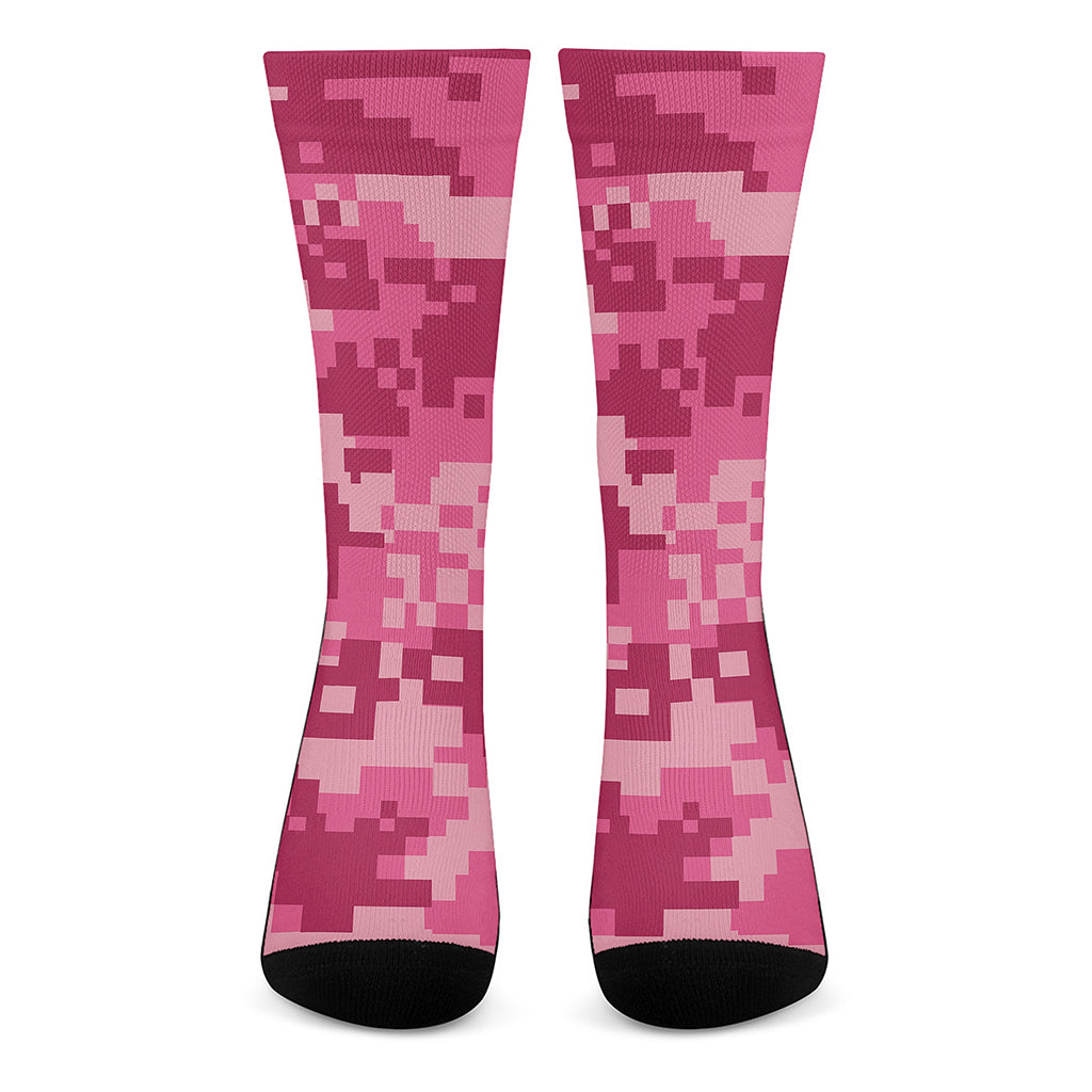 Pink Digital Camo Pattern Print Crew Socks