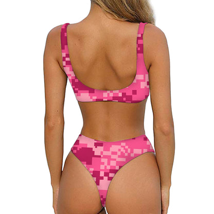 Pink Digital Camo Pattern Print Front Bow Tie Bikini