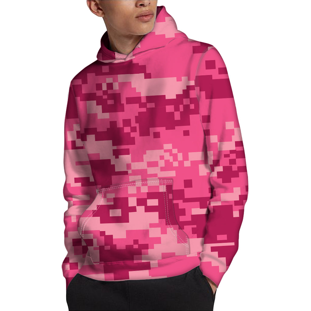 Pink Digital Camo Pattern Print Pullover Hoodie