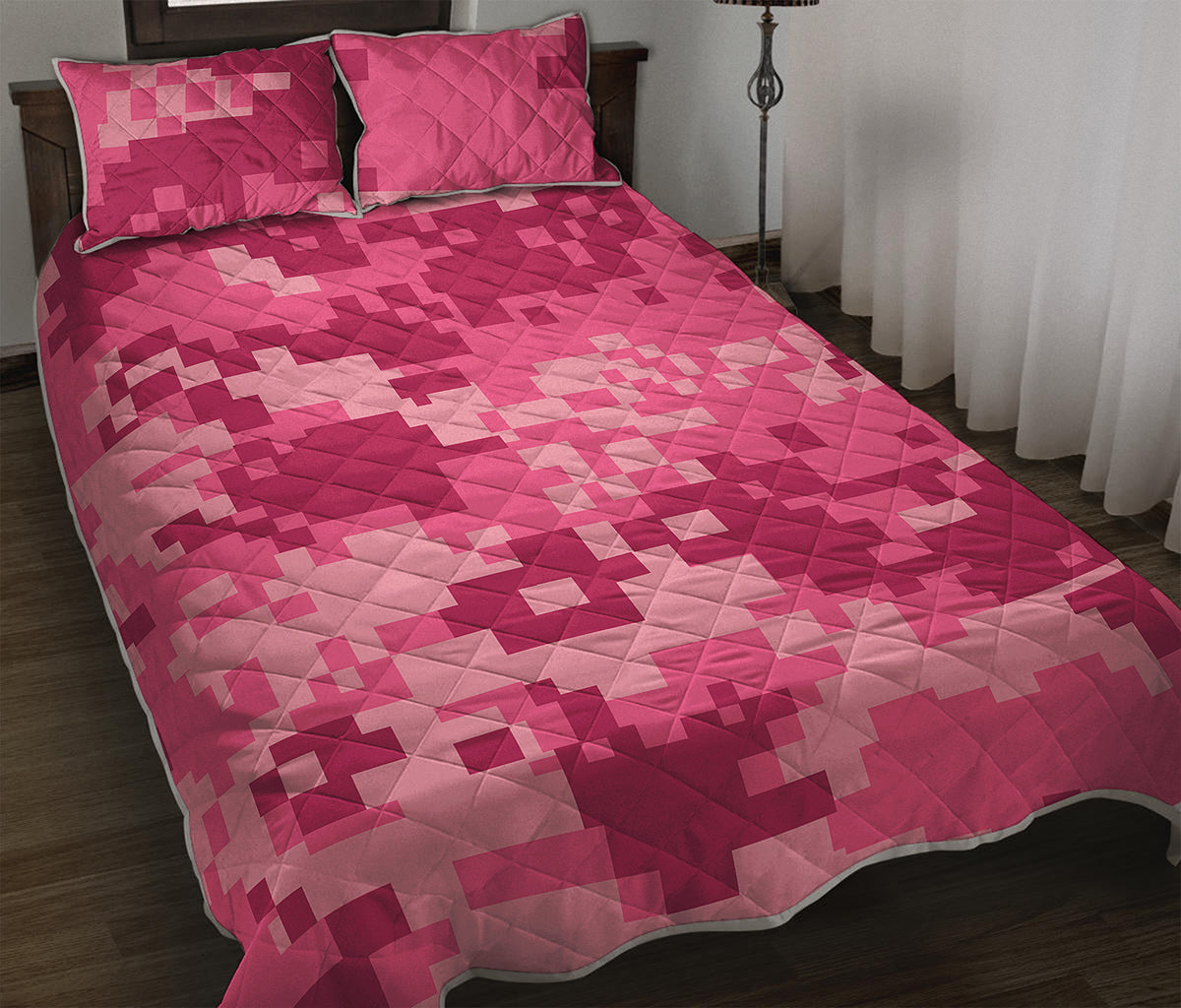 Pink Digital Camo Pattern Print Quilt Bed Set