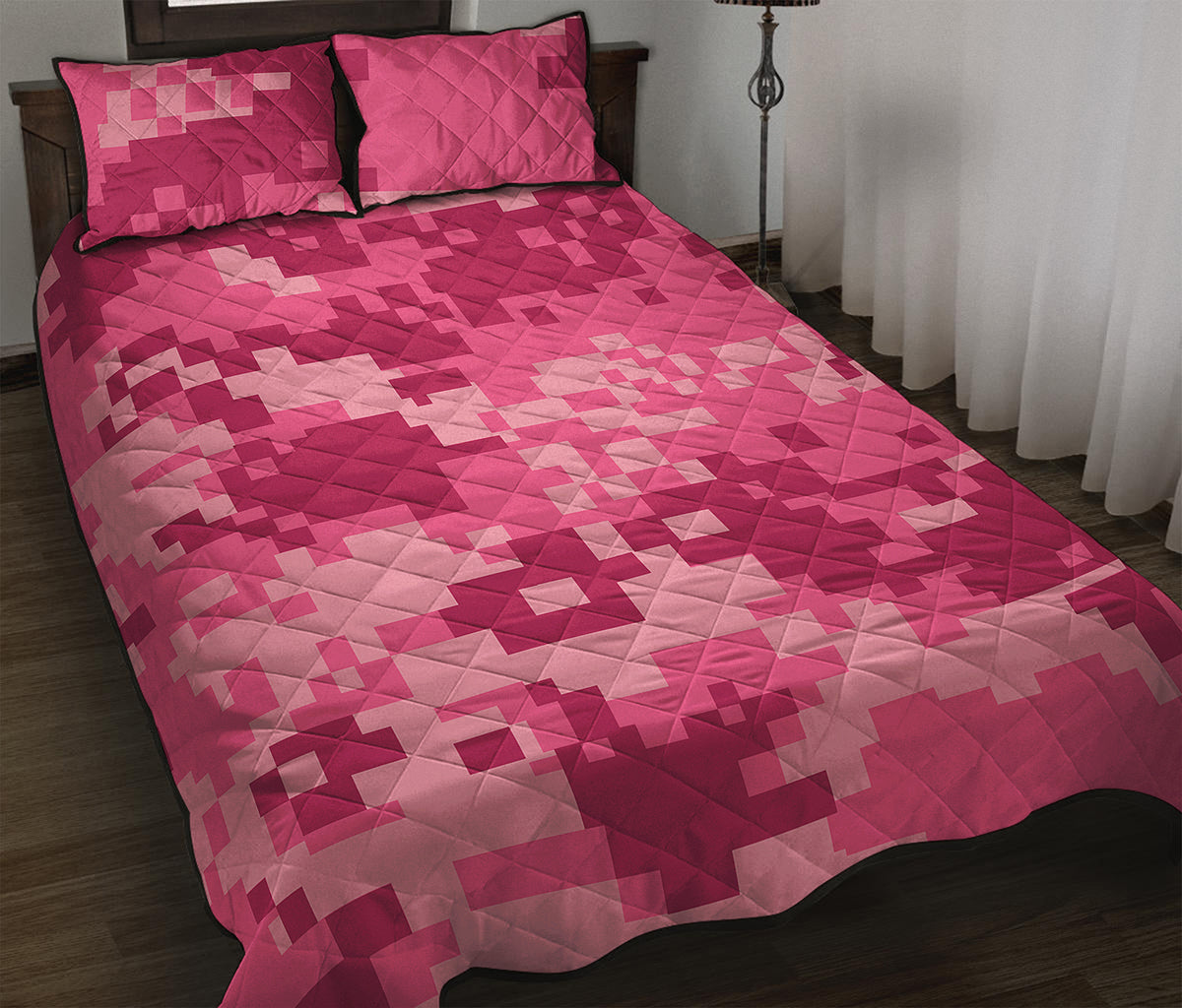 Pink Digital Camo Pattern Print Quilt Bed Set
